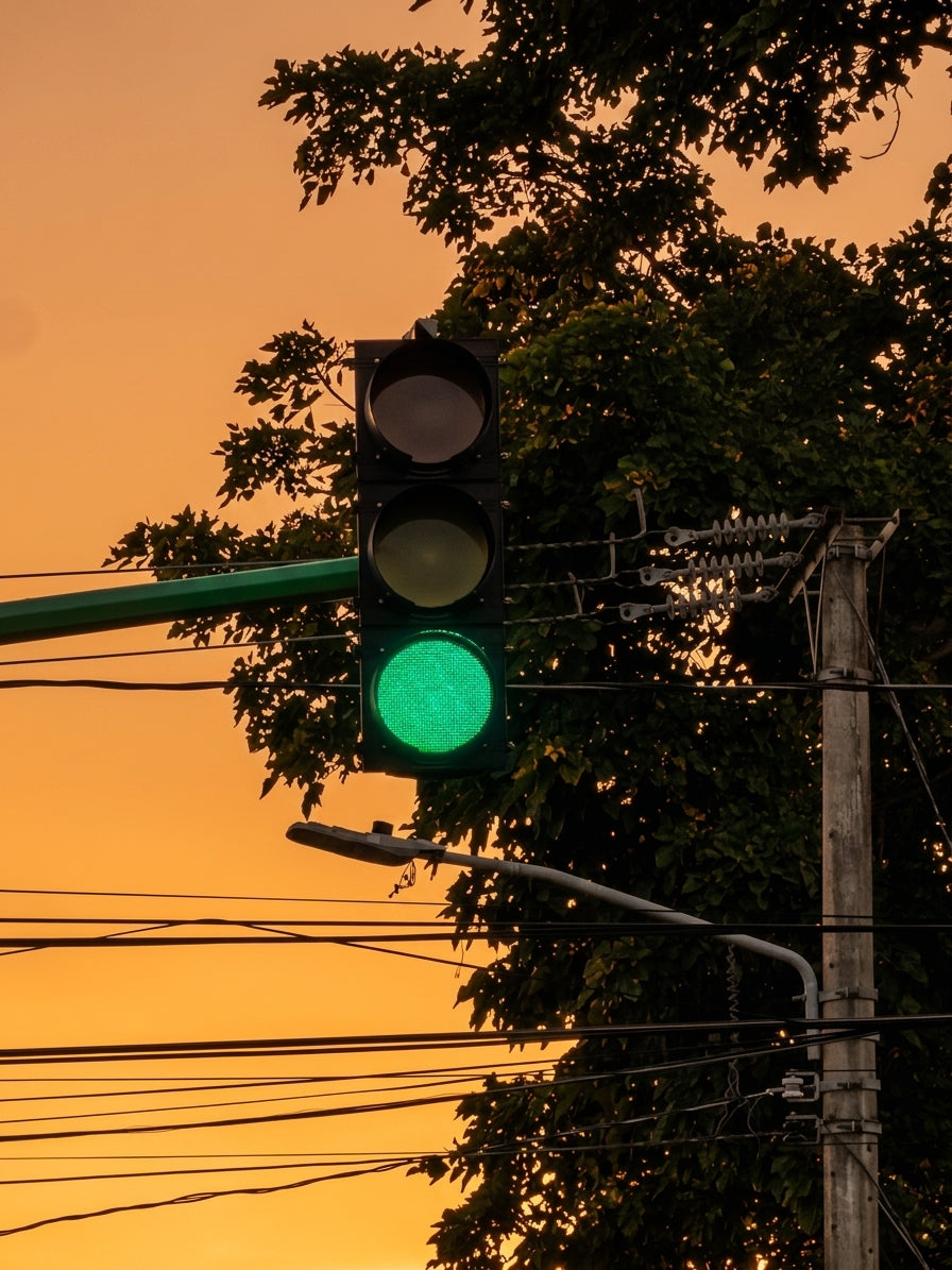 Green Light Sunset Canvas Print – Urban Traffic Photography Wall Art